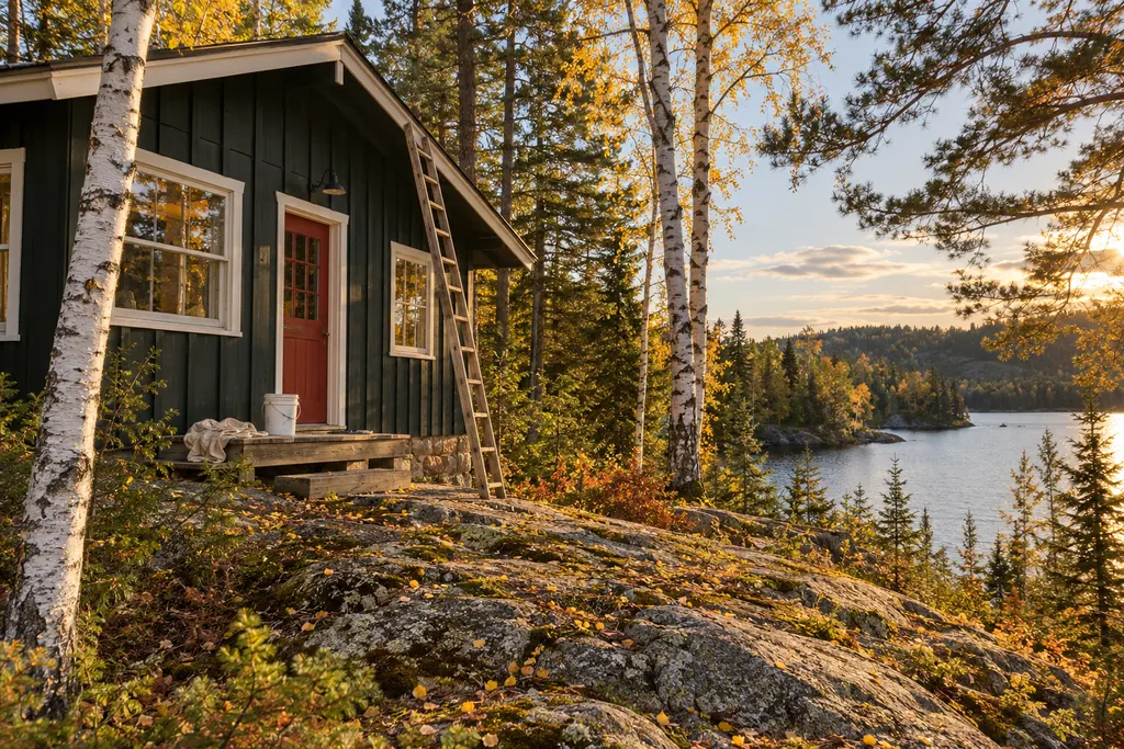 Board-and-batten lake cabin freshly painted dark green with white trim and a red door, ladder at the eave, birch and lake behind