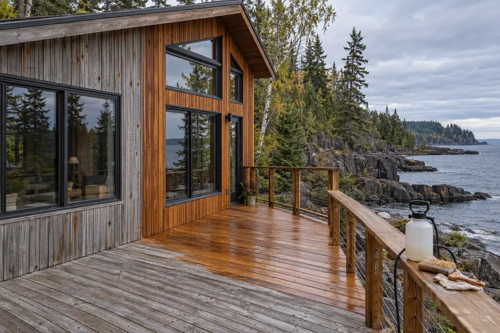 Modern lake cabin with vertical cedar siding and deck partly restained, a pump sprayer and brush on the rail by the rocky shore