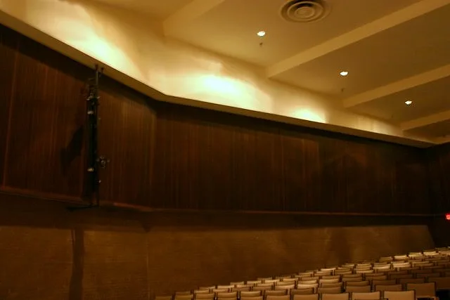 Long white soffit and stepped ceiling in an auditorium, lit along its edge above dark wood wall panels