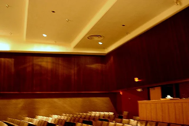 Dark wood-paneled auditorium side wall below a smooth white soffit lit by recessed and cove lighting
