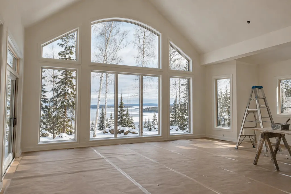 New lake home great room with a smooth vaulted drywall ceiling and arched windows onto snowy birch woods, a stepladder in the corner