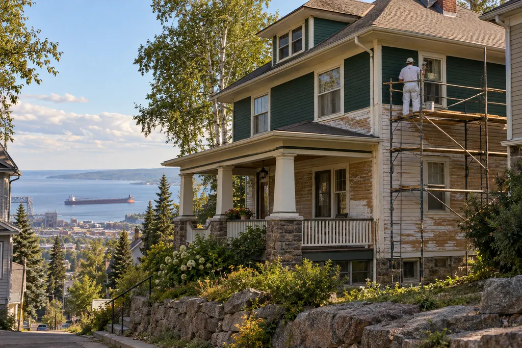 Duluth hillside foursquare halfway through a repaint, green upper siding finished, lower boards scraped, a painter on scaffolding
