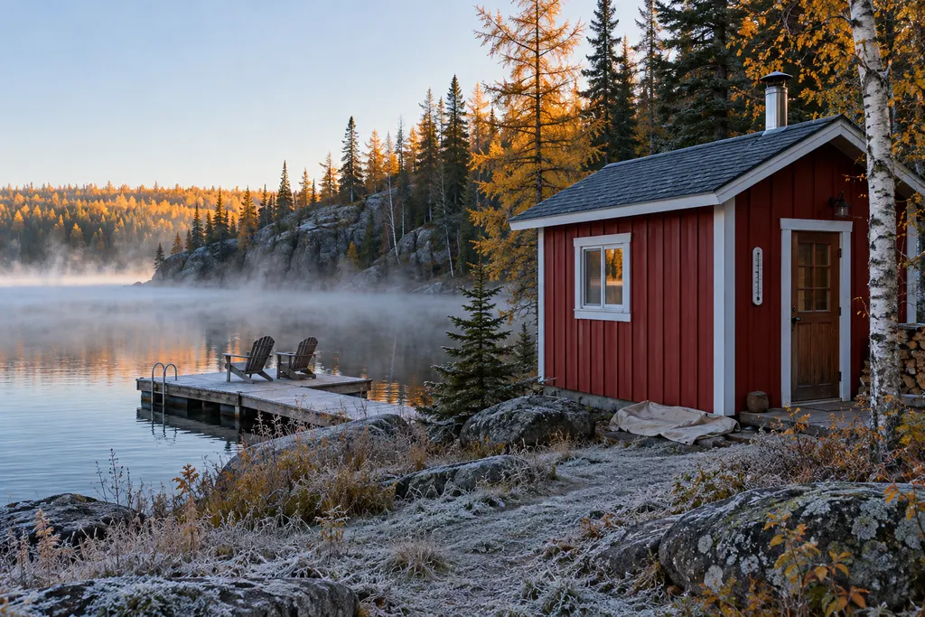 Red sauna with white trim beside a misty lake on a frosty late-September morning, a drop cloth folded at the base of the wall
