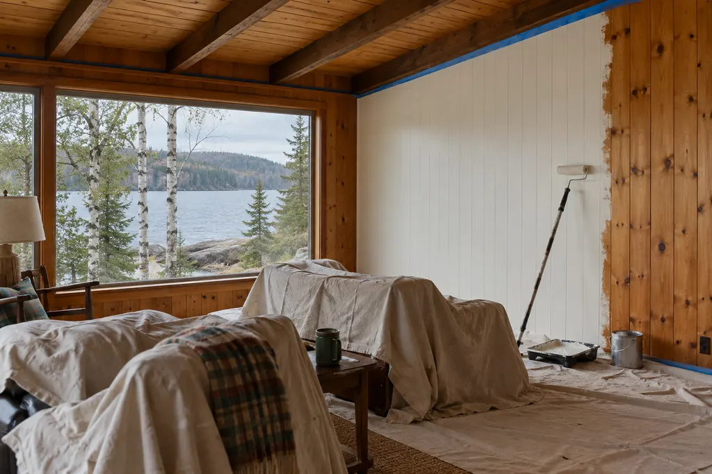 Lake cabin living room with one knotty pine wall painted white, the next wall still bare pine, furniture under drop cloths