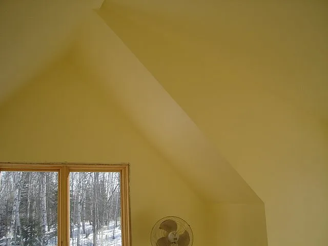 Vaulted room painted warm yellow with a sloped textured ceiling and a window looking out on snowy birch woods