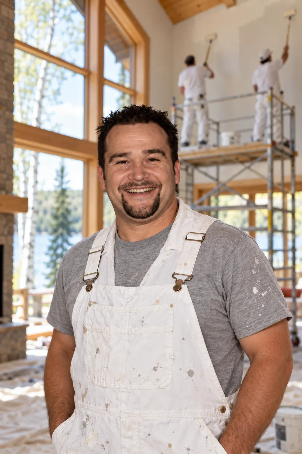 Jason Houle, owner of J.A. Houle Painting and Drywall in Duluth, in white painter's bibs in a great room while his crew paints from scaffolding