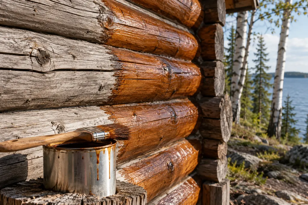 Gray weathered logs next to freshly stained golden-brown logs on the same cabin wall, a brush resting on the open stain can